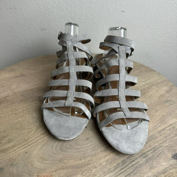 Franco Sarto Finesse Cage strappy Gladiator Sandal Sz‎ 10M Grey Suede Block Heel - Picture 3 of 10